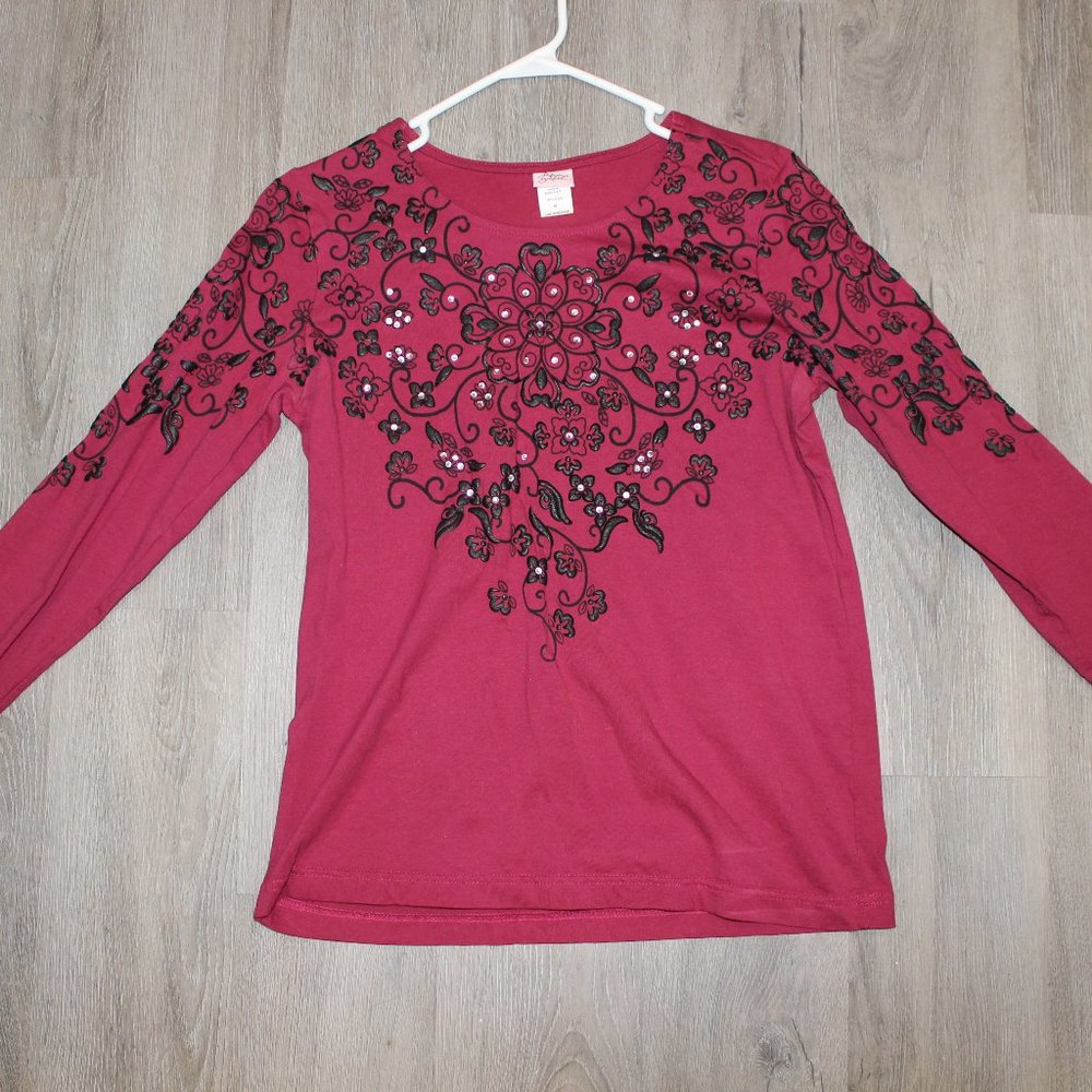 Adrian Delafield Red Floral Patterned Long Sleeved Sweater Size Medium Women's
